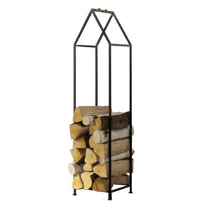 decorative house-shaped modern firewood rack, tall log stacking aid for in-and outdoor use, metal log rack with handle