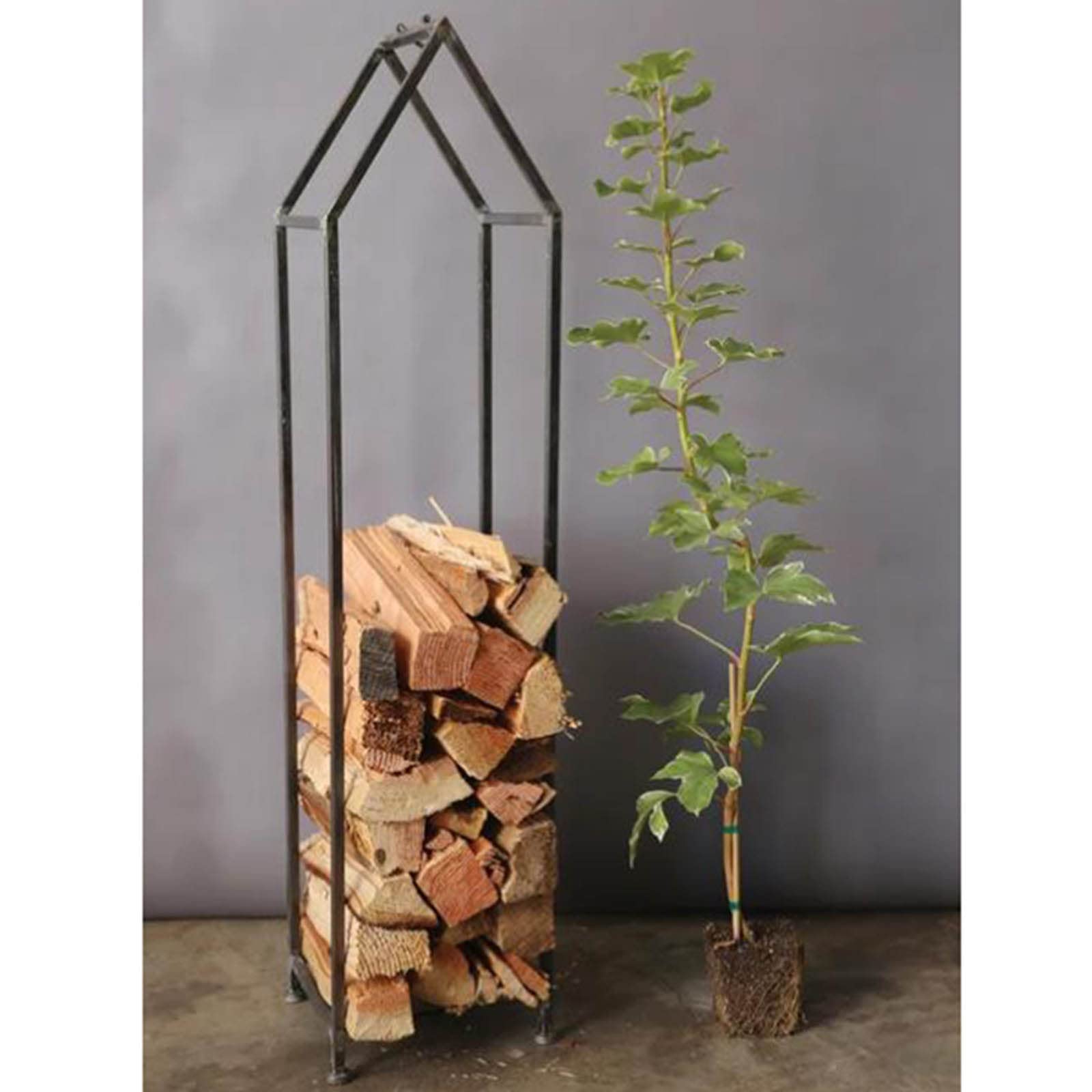 Decorative House-shaped Modern Firewood Rack, Tall Log Stacking Aid for In-and Outdoor Use, Metal Log Rack with Handle