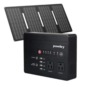 powkey 200w solar generator, 146wh portable power station with pure sine wave ac outlet, backup lithium battery, 40w solar panel charger for outdoors camping travel hunting emergency