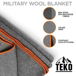 TEKO 80% Wool Blanket - 64" x 90", Military Wool Blanket, Warm & Thick Army Blanket- 4.5 lbs. – Gray