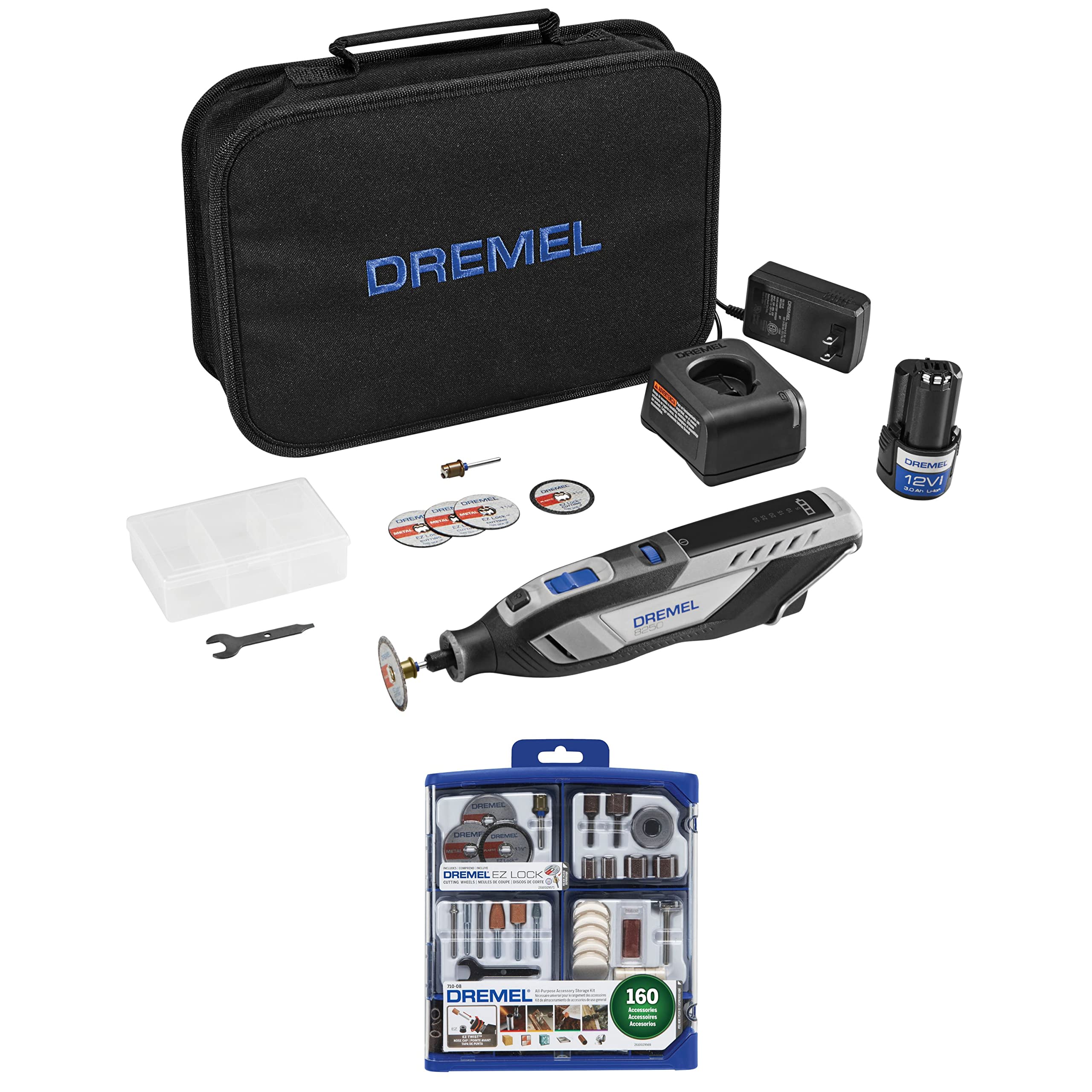 Dremel 8250 Cordless Brushless Rotary Tool Kit and the 710-08 160 Piece Rotary Tool Accessory Set