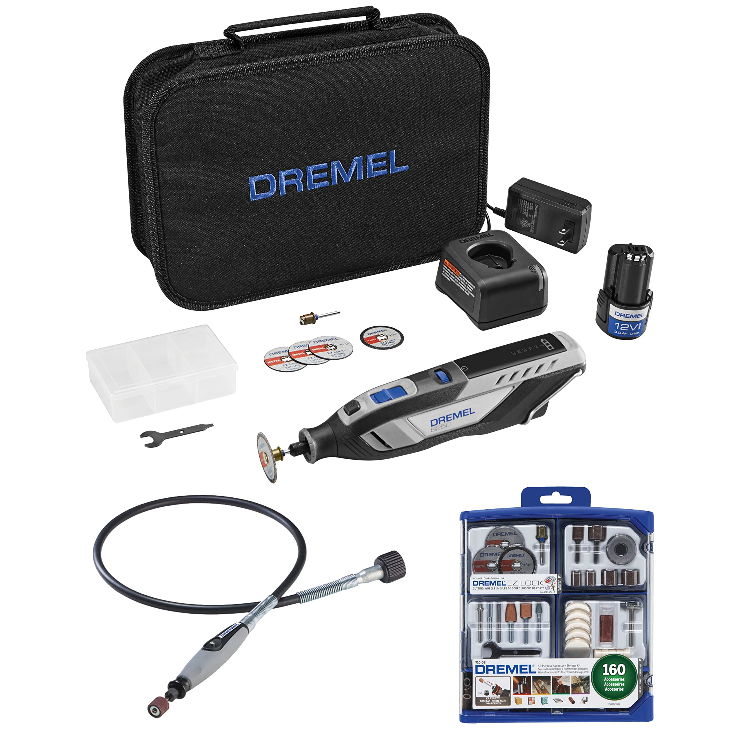 Dremel 8250 Cordless Brushless Rotary Tool Kit, Flex Shaft Attachment and 160 Piece Rotary Tool Accessory Set