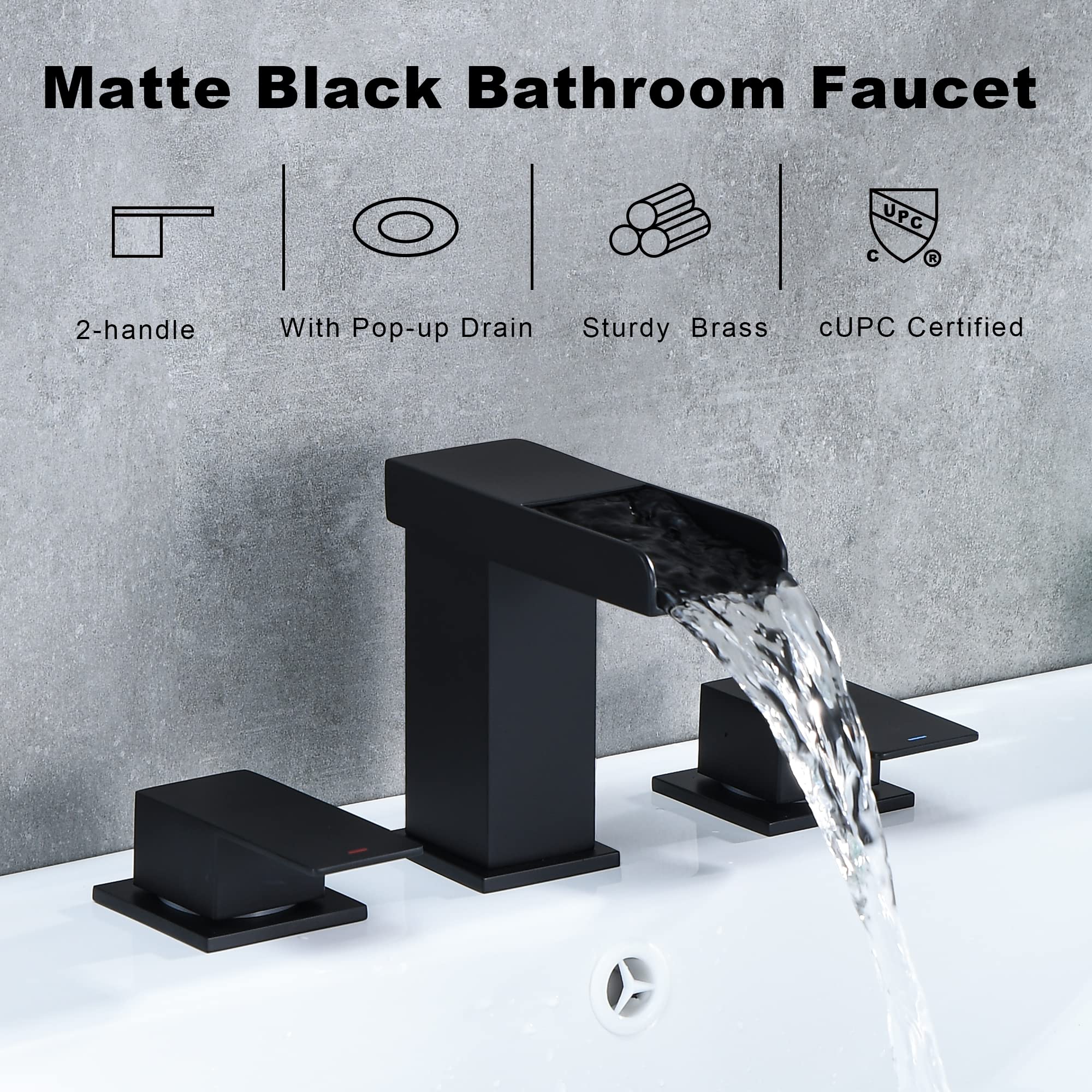 PerPaiMe Matte Black Waterfall Bathroom Faucet, 8-Inch, 2 Handles, 3-Hole, Metal Pop-Up Drain, 60cm Supply Line, 2-3/8 Inch Clearance