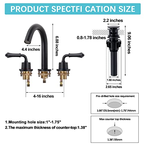 KZH Black Bathroom Faucet for Sink 3 Hole, Widespread Bathroom Sink Faucet,8 inch 2 Handle Basin Faucet Mixer Taps with Water Supply Lines & Pop Up Drain