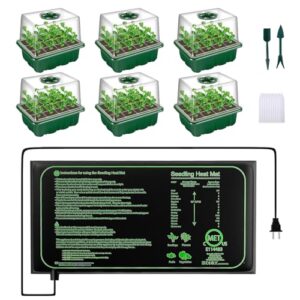 6-pack seed starter trays with 10"x20.75" seedling heat mat for indoor home gardening seed starting, 72-cell seed starter kit with humidity dome(12 cells per tray), met certified