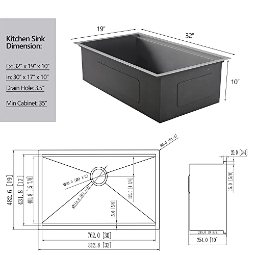 32 Gray Undermount Workstation Kitchen Sink, Dorzom 32”x19” Metallic Matte Gray Stainless Steel Undermount 18 Gauge 10 Inch Deep Single Bowl Workstation Ledge Kitchen Sink with Accessories