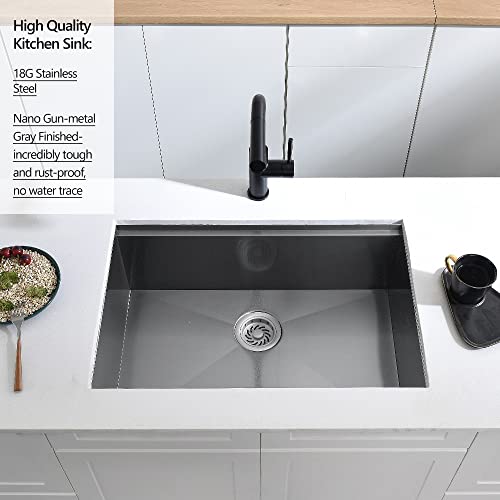 32 Gray Undermount Workstation Kitchen Sink, Dorzom 32”x19” Metallic Matte Gray Stainless Steel Undermount 18 Gauge 10 Inch Deep Single Bowl Workstation Ledge Kitchen Sink with Accessories