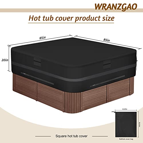 WRANZGAO Square Hot Tub Cover ，Heavy Duty 600D Polyester SPA Cover for Hot Tub，Outdoor Waterproof Hot Tub Cover，Windproof SPA Cover 85"(L) x 85"(W) x 20"(H), Black