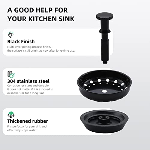 2 Packs Kitchen Sink Strainer Black WINDALY Sink Drain Strainer and Stopper Replacement with Anti-Clog Rubber, Stainless Steel Sink Stopper for Universal 3-1/2 Inch Kitchen Drains