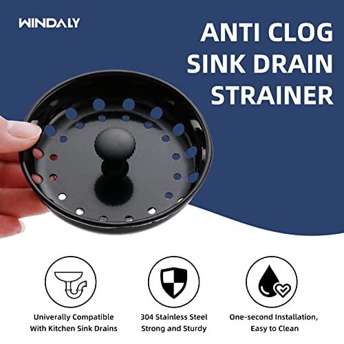 2 Packs Kitchen Sink Strainer Black WINDALY Sink Drain Strainer and Stopper Replacement with Anti-Clog Rubber, Stainless Steel Sink Stopper for Universal 3-1/2 Inch Kitchen Drains