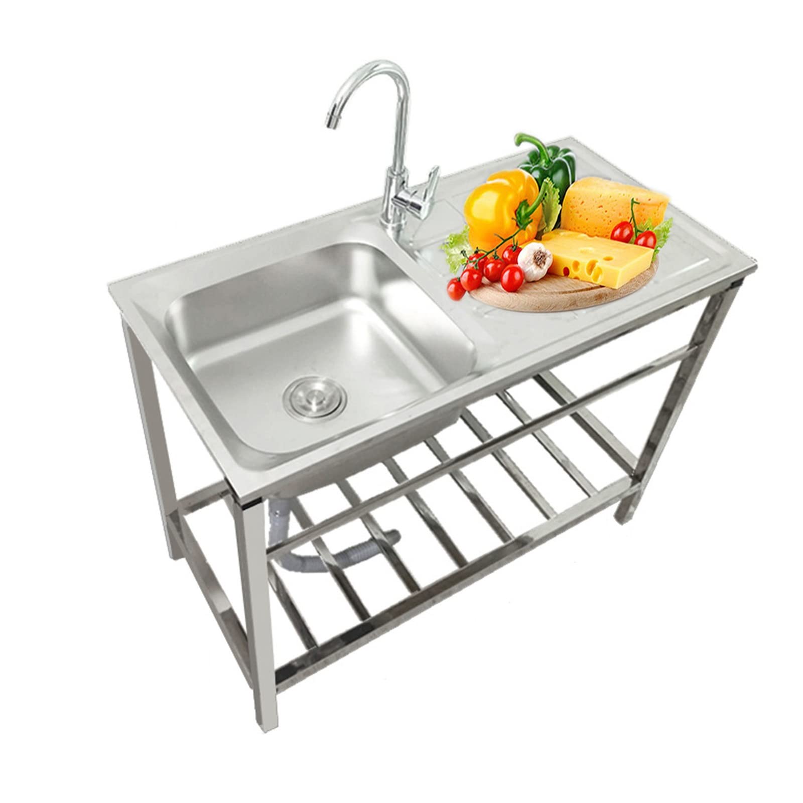 Utility 1 Compartment Laundry Sink Stainless Steel Single Bowl Kitchen Sink with hot and Cold Faucet, Free Standing Washing Hand Basin for Backyard Garage RV, Silver, 6.3 Inch Deep