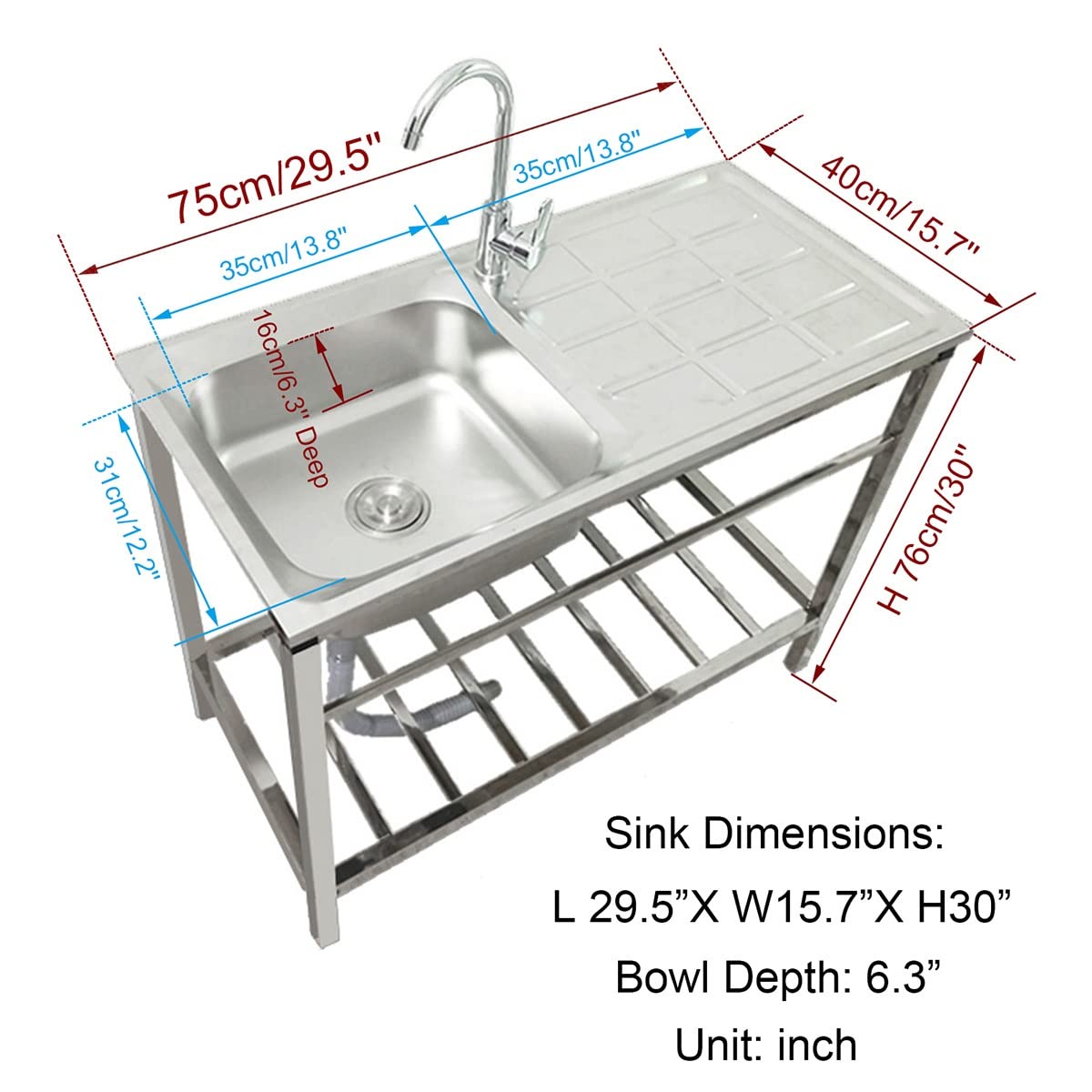 Utility 1 Compartment Laundry Sink Stainless Steel Single Bowl Kitchen Sink with hot and Cold Faucet, Free Standing Washing Hand Basin for Backyard Garage RV, Silver, 6.3 Inch Deep