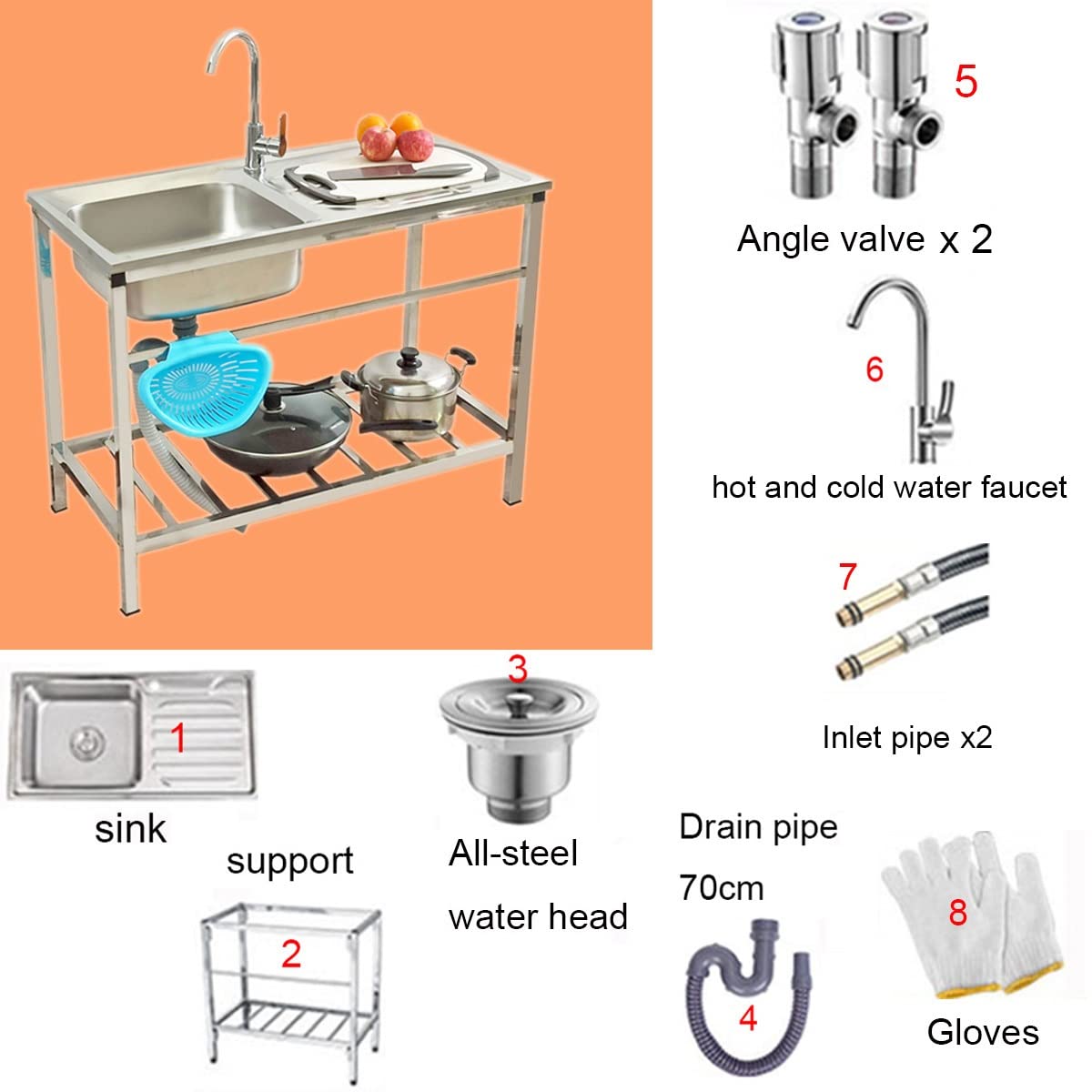 Utility 1 Compartment Laundry Sink Stainless Steel Single Bowl Kitchen Sink with hot and Cold Faucet, Free Standing Washing Hand Basin for Backyard Garage RV, Silver, 6.3 Inch Deep