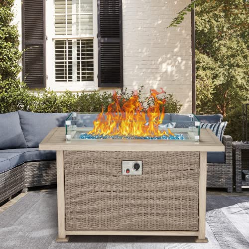 GYUTEI 50,000 BTU Auto-Ignition Gas Fire Table, 44in Propane Fire Pit Table with CSA Certification, 2 Hidden Side Hooks, 1 Glass Wind Guard, Aluminum Hand-Painted Table Top for Outside Patio (Gray)