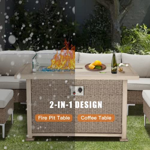 GYUTEI 50,000 BTU Auto-Ignition Gas Fire Table, 44in Propane Fire Pit Table with CSA Certification, 2 Hidden Side Hooks, 1 Glass Wind Guard, Aluminum Hand-Painted Table Top for Outside Patio (Gray)