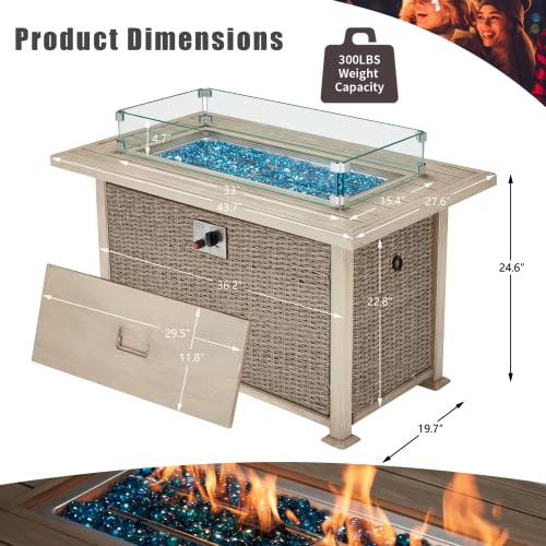 GYUTEI 50,000 BTU Auto-Ignition Gas Fire Table, 44in Propane Fire Pit Table with CSA Certification, 2 Hidden Side Hooks, 1 Glass Wind Guard, Aluminum Hand-Painted Table Top for Outside Patio (Gray)