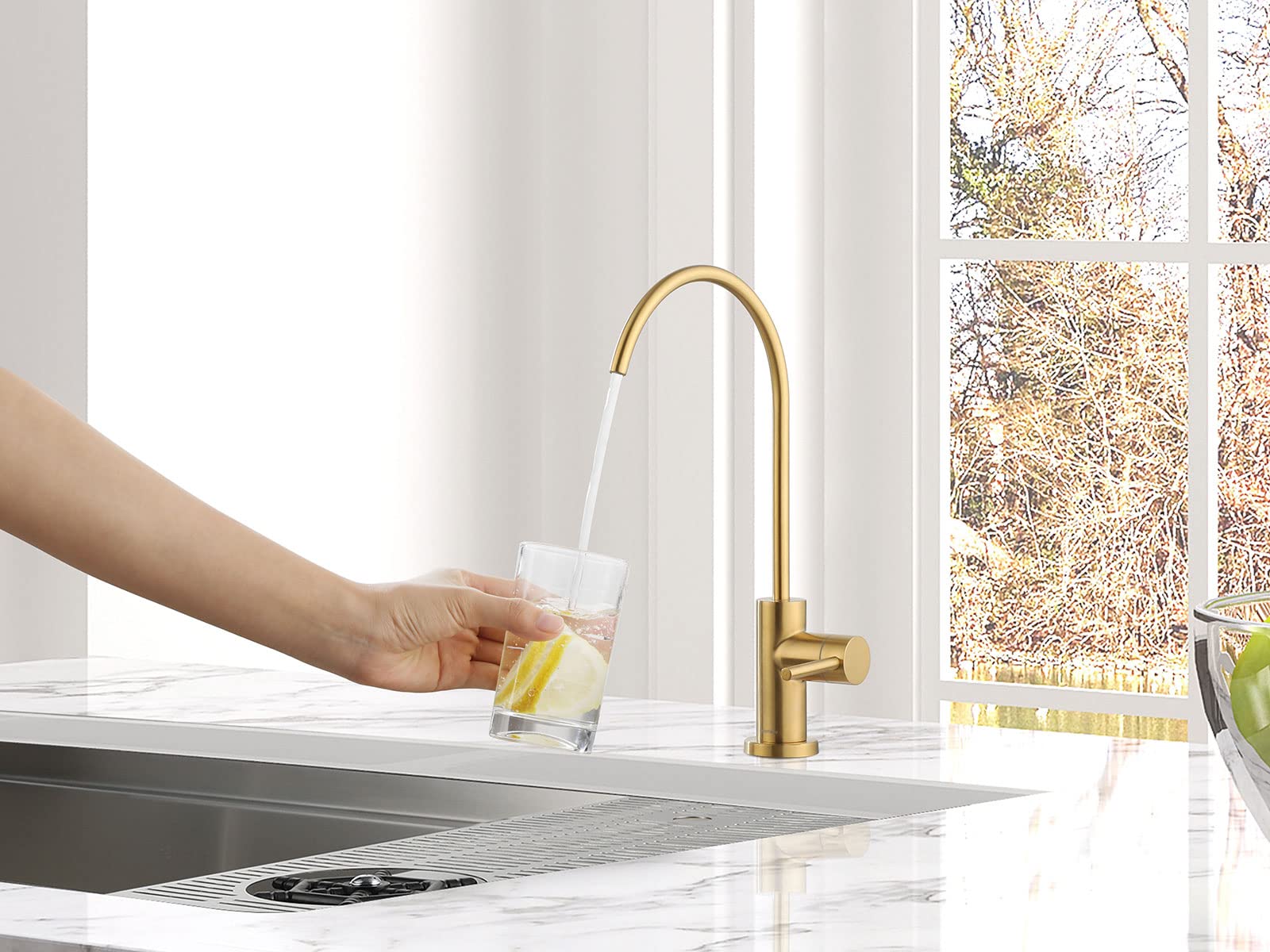 AguaStella AS60BG Brushed Gold Pull Down Kitchen Faucet and AS09BG Brushed Gold Stainless Steel Water Filter Faucet for Most Reverse Osmosis Units or Water Filtration System in Non-Air Gap Combination