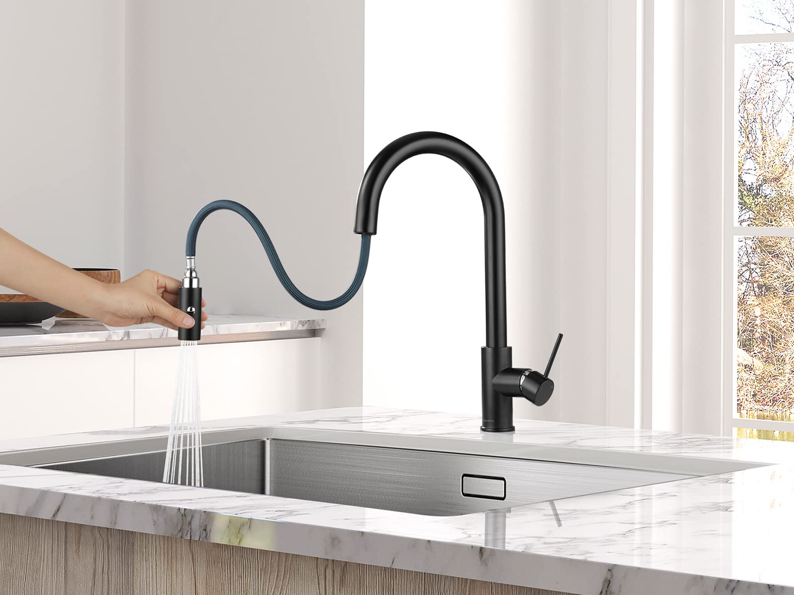 AguaStella AS60MB Matte Black Pull Down Kitchen Faucet and ASD52MB Matte Black Deck Plate Combination