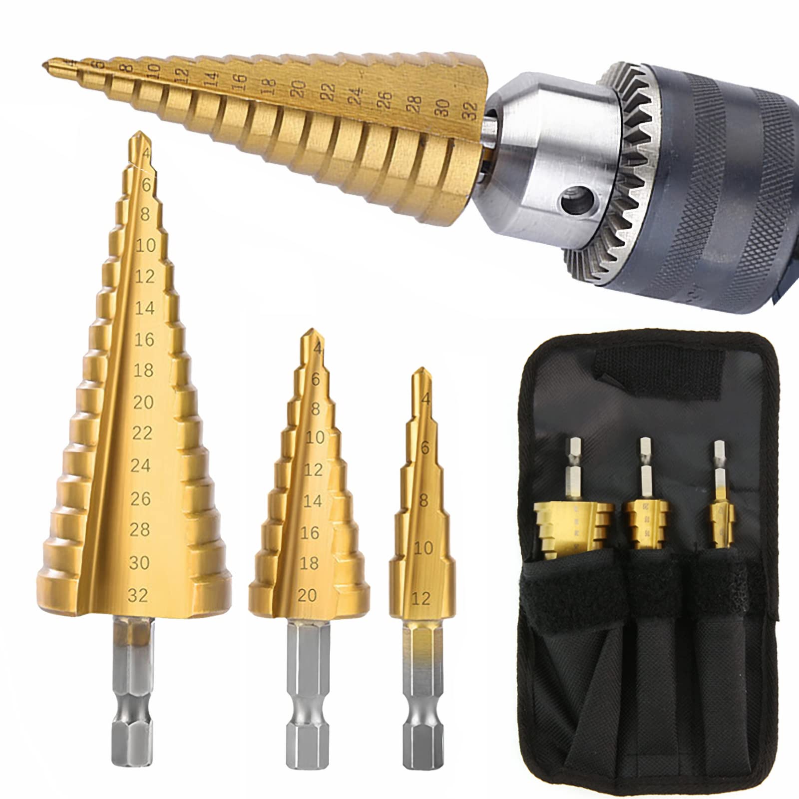 3 PCS Step Drill Bit, High-Speed Metal Hole Drill Bits Set for Steel, 4-12mm, 4-20mm, 4-32mm, Titanium Plating Drill Bits for Metalworking, Woodworking Tools for DIY Lovers