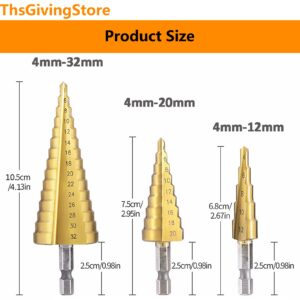 3 PCS Step Drill Bit, High-Speed Metal Hole Drill Bits Set for Steel, 4-12mm, 4-20mm, 4-32mm, Titanium Plating Drill Bits for Metalworking, Woodworking Tools for DIY Lovers