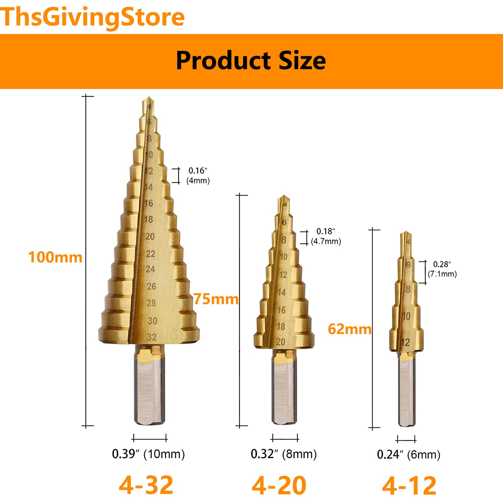 6 Pcs Titanium Coated Step Drill Bits Set, 3 Sizes of Step Drill Bits and 3 Sizes of Twist Drill Bits, High Speed Steel Drill Bits Set for Metalworking, Woodworking Tools, Hole Drilling