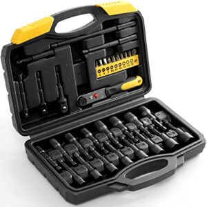 magnetic hex nut driver kit, ysjoytool 33-piece power nut driver bit set for impact drill with drill bit extension & adapter, 1/4" quick-change hex shank | sae & metric | cr-v steel