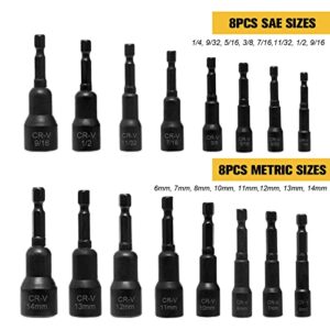 Magnetic Hex Nut Driver Kit, YSJOYTOOL 33-Piece Power Nut Driver Bit Set for Impact Drill with Drill Bit Extension & Adapter, 1/4" Quick-Change Hex Shank | SAE & Metric | Cr-V Steel