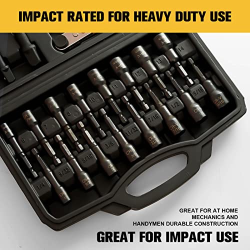 Magnetic Hex Nut Driver Kit, YSJOYTOOL 33-Piece Power Nut Driver Bit Set for Impact Drill with Drill Bit Extension & Adapter, 1/4" Quick-Change Hex Shank | SAE & Metric | Cr-V Steel