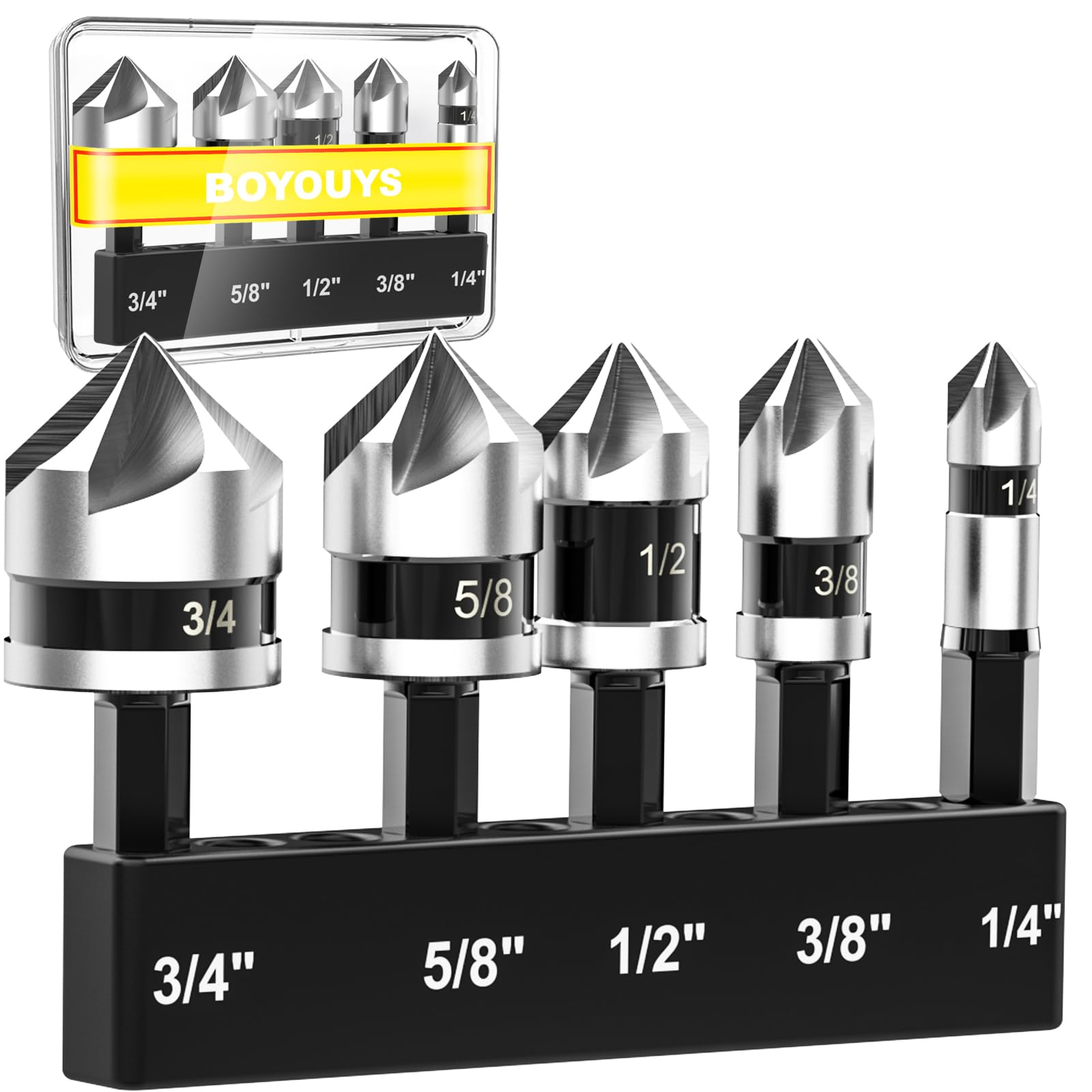 Countersink Bit Set for Metal, M2 Cobalt Countersunk Bits 5 Pieces, 1/4" Hex Shank Countersunk Bit Set for Drilling in Copper, Aluminum, Wood, Plastic