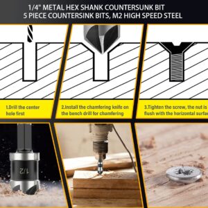 Countersink Bit Set for Metal, M2 Cobalt Countersunk Bits 5 Pieces, 1/4" Hex Shank Countersunk Bit Set for Drilling in Copper, Aluminum, Wood, Plastic