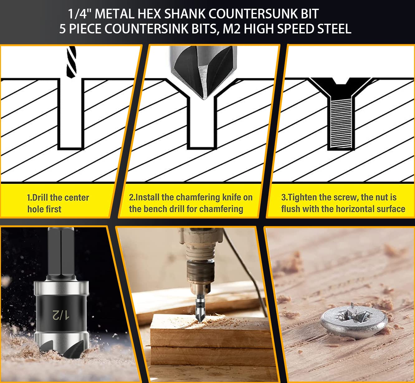 Countersink Bit Set for Metal, M2 Cobalt Countersunk Bits 5 Pieces, 1/4" Hex Shank Countersunk Bit Set for Drilling in Copper, Aluminum, Wood, Plastic