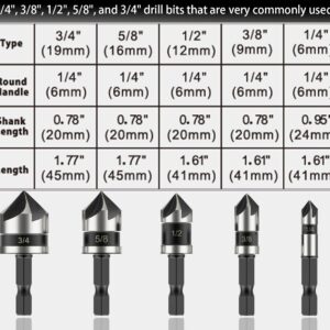 Countersink Bit Set for Metal, M2 Cobalt Countersunk Bits 5 Pieces, 1/4" Hex Shank Countersunk Bit Set for Drilling in Copper, Aluminum, Wood, Plastic