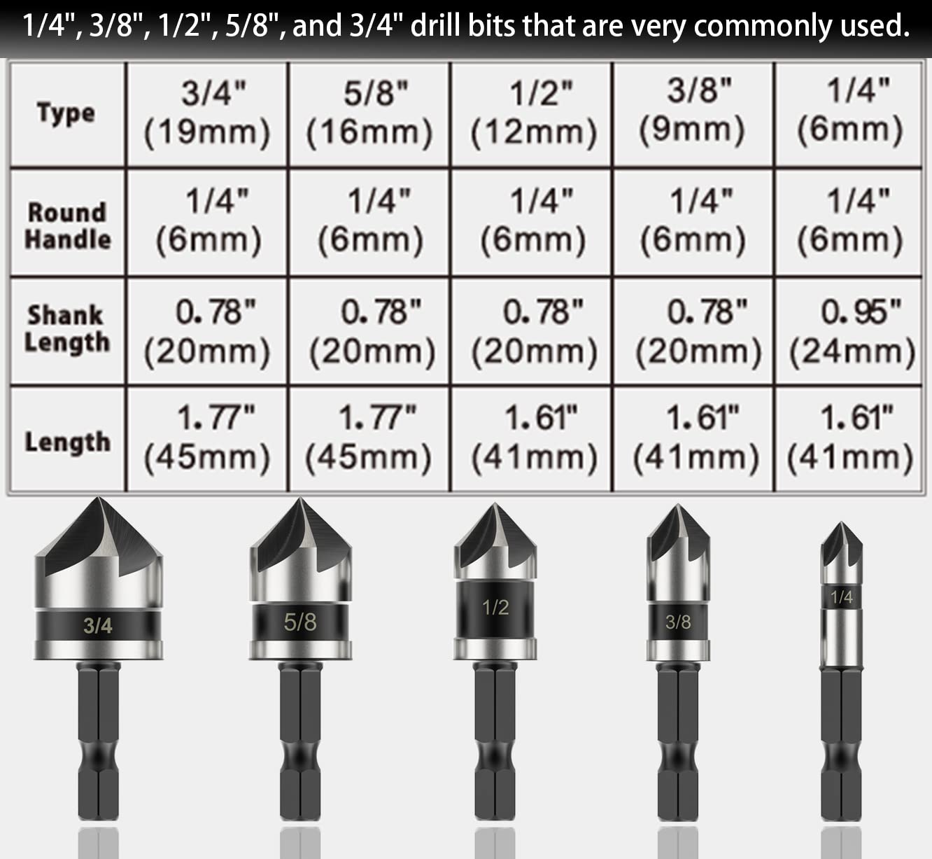 Countersink Bit Set for Metal, M2 Cobalt Countersunk Bits 5 Pieces, 1/4" Hex Shank Countersunk Bit Set for Drilling in Copper, Aluminum, Wood, Plastic