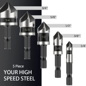 Countersink Bit Set for Metal, M2 Cobalt Countersunk Bits 5 Pieces, 1/4" Hex Shank Countersunk Bit Set for Drilling in Copper, Aluminum, Wood, Plastic