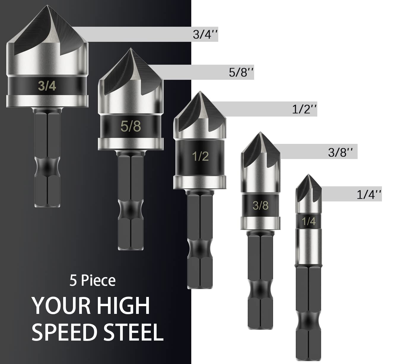 Countersink Bit Set for Metal, M2 Cobalt Countersunk Bits 5 Pieces, 1/4" Hex Shank Countersunk Bit Set for Drilling in Copper, Aluminum, Wood, Plastic