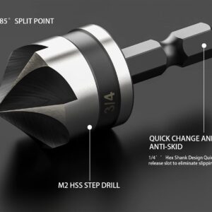 Countersink Bit Set for Metal, M2 Cobalt Countersunk Bits 5 Pieces, 1/4" Hex Shank Countersunk Bit Set for Drilling in Copper, Aluminum, Wood, Plastic