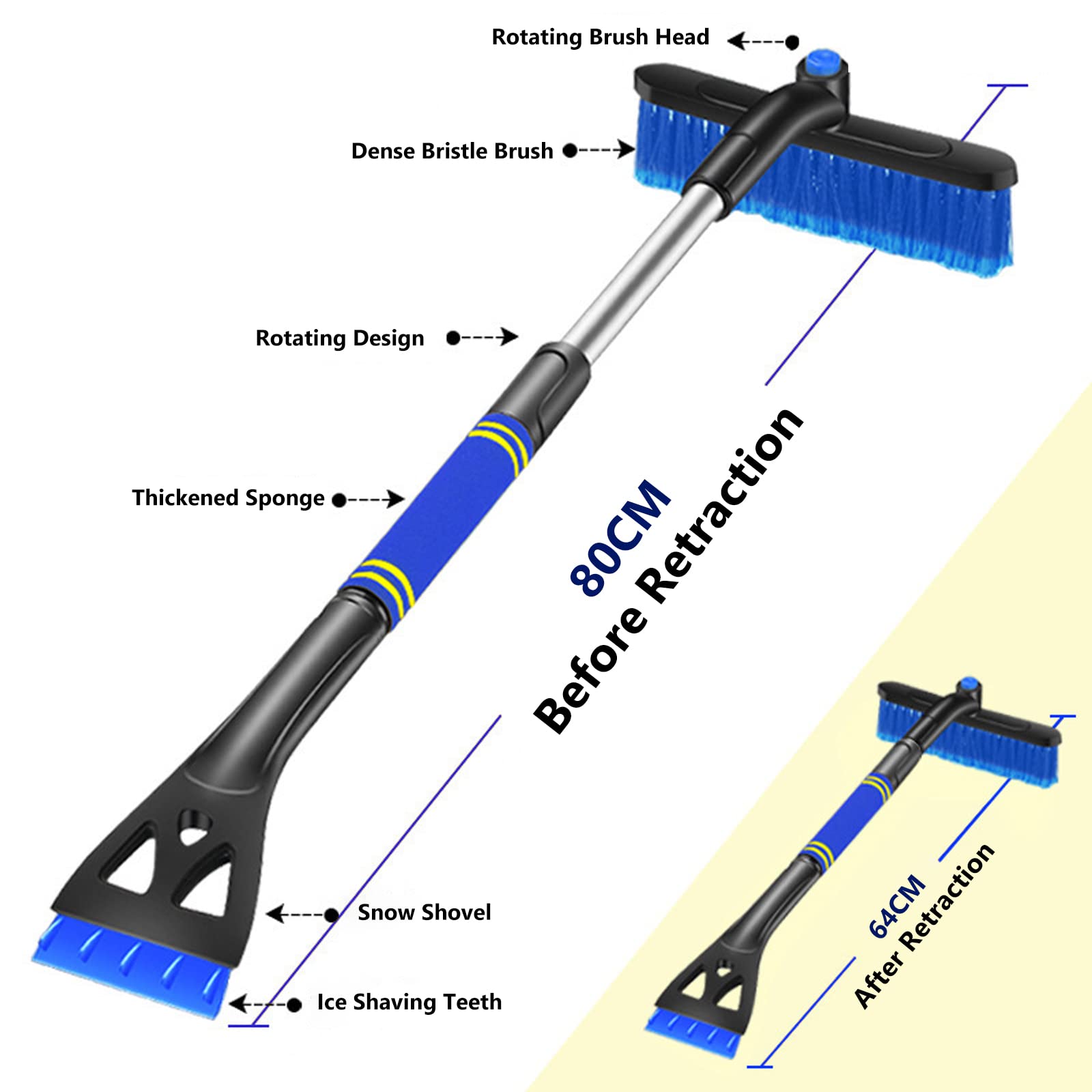 Snow Brush for Car, HOLDPEAK 31.5“ Extendable Snow Brush and Snow Car Scraper, Car Snow Removal Shovel Retractable with Foam Handle Design for Vehicles, Snow Mover for Car Windshield