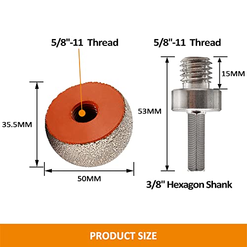 BGTEC Diamond Milling Bits,50mm Stone Spherical bit Plus Hex Adapter for Stone Flowerpot,Cobblestone,Marble,Granite,Quartz,Artificial Stone