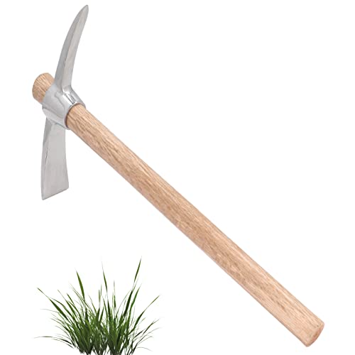 Natudeco Garden Pick Mattock Hoe 450MM Pickaxe Hoe Mini Pick Hoe Dual-Purpose Hand Cultivator Short Claw Rake Agricultural Digging Tools with Wooden Handle for Bonsai Garden Farming Flower Planting