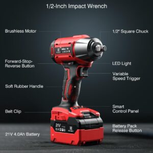 Avhrit Cordless Impact Wrench 1/2 Inch, 480Ft-lbs(650Nm) Brushless 1/2 Impact Gun w/ 2x 4.0 Batteries, Fast Charger, 4 Sockets, 6 Screws, Electric Impact Wrench for Home Car Tires