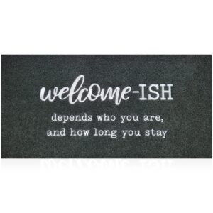 large door mats outdoor welcome mat for front door outside entryway funny doormat non slip rubber back rugs black welcome-ish low profile mats for entry patio shoe rugs, 18"x47"