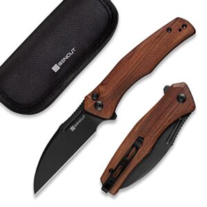 sencut watauga pocket folding knife for edc, button lock small knife with clip, black stonewashed d2 blade with wood handle,everyday carry knife for men women, lightweight for indoor outdoor gift s21011-4