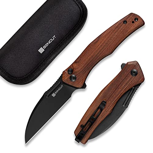 SENCUT Watauga Pocket Folding Knife for EDC, Button Lock Small Knife with Clip, Black Stonewashed D2 Blade with Wood Handle,Everyday Carry Knife for Men Women, Lightweight for Indoor Outdoor Gift S21011-4