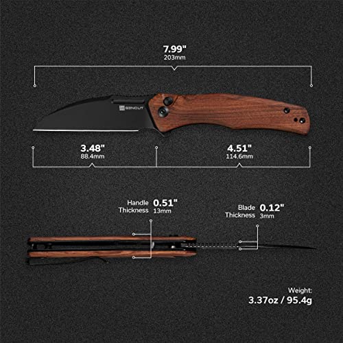 SENCUT Watauga Pocket Folding Knife for EDC, Button Lock Small Knife with Clip, Black Stonewashed D2 Blade with Wood Handle,Everyday Carry Knife for Men Women, Lightweight for Indoor Outdoor Gift S21011-4