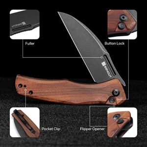 SENCUT Watauga Pocket Folding Knife for EDC, Button Lock Small Knife with Clip, Black Stonewashed D2 Blade with Wood Handle,Everyday Carry Knife for Men Women, Lightweight for Indoor Outdoor Gift S21011-4