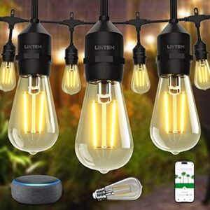 lintem smart outdoor string lights, 53ft shatterproof dimmable patio lights ip65 waterproof 15 replaceable bulbs 2700k vintage edison lights work with alexa google assistant for backyard party balcony