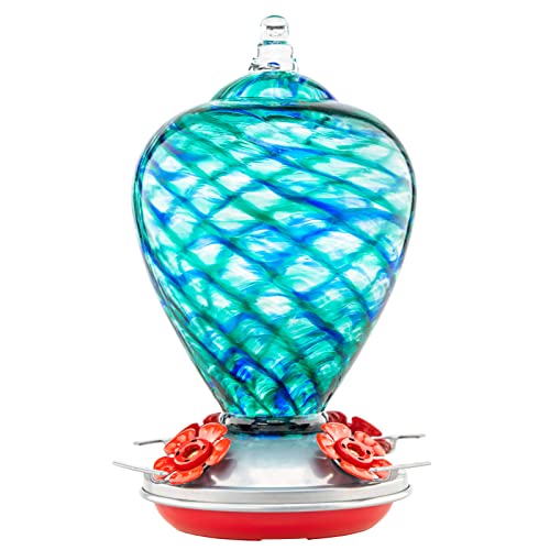 LaElvish Garden Hummingbird Feeders, 34OZ Hand Blown Glass Hummingbird Feeder for Outdoors Hanging with Ant MoatHooks, Perfect for Gardening Yard Patio Decor Gifts (Blue Mermaid)