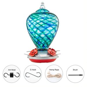 LaElvish Garden Hummingbird Feeders, 34OZ Hand Blown Glass Hummingbird Feeder for Outdoors Hanging with Ant MoatHooks, Perfect for Gardening Yard Patio Decor Gifts (Blue Mermaid)