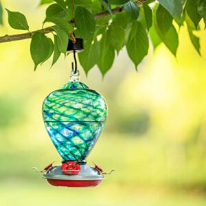 LaElvish Garden Hummingbird Feeders, 34OZ Hand Blown Glass Hummingbird Feeder for Outdoors Hanging with Ant MoatHooks, Perfect for Gardening Yard Patio Decor Gifts (Blue Mermaid)