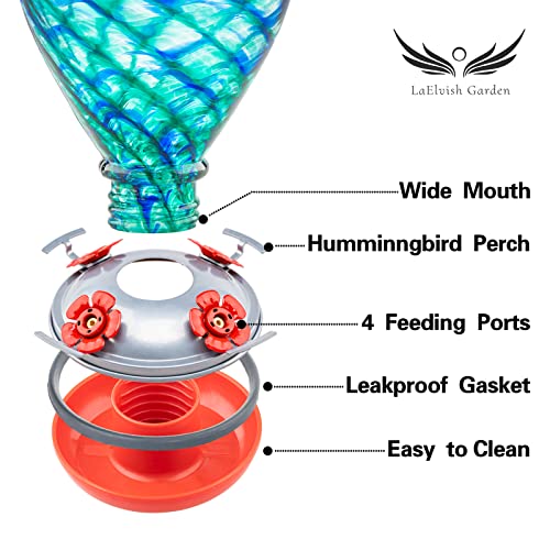 LaElvish Garden Hummingbird Feeders, 34OZ Hand Blown Glass Hummingbird Feeder for Outdoors Hanging with Ant MoatHooks, Perfect for Gardening Yard Patio Decor Gifts (Blue Mermaid)